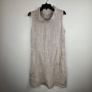 Tempo Paris 100% Linen Sleeveless Dress Lagenlook Cowl Neck Pockets Small Sheath